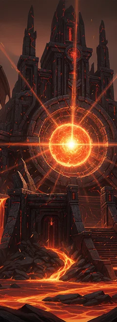 Een torenhoge donkere vesting omringd door gloeiend lava en verlicht door een enorme gloeiende magische portal. Het vulkanische landschap en de oude architectuur creëren een mysterieuze, onheilspellende fantasiewereld.