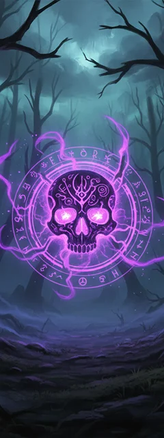 Een mystiek gloeiend schedel omringd door magische runen en paarse energie in een donkere betoverde bos. De mysterieuze sfeer, arcane symbolen en bovennatuurlijke effecten creëren een fascinerende donkere fantasyscène.