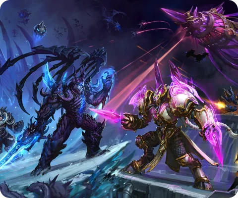 Een levendig fantasiekunstwerk met legendarische helden, krachtige demonen, mythische wezens en gewapende krijgers verzameld in een epische strijd. De dramatische compositie toont magische wapens, donkere fantasyelementen en een gaming-sfeer van hoge intensiteit.
